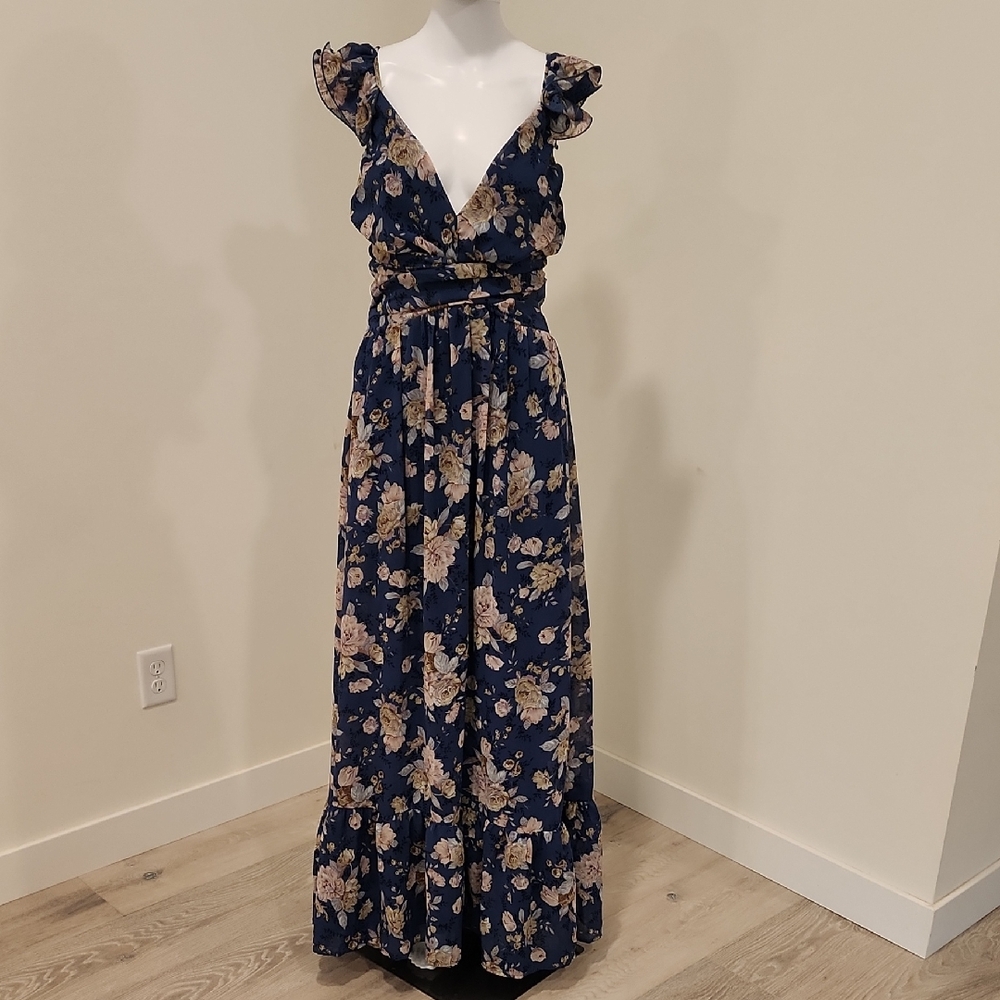 Lulu's Navy Floral Ruffle Maxi Dress